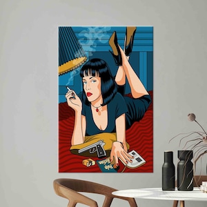 Arte da parete in stile fumetto, opere d'arte moderna, arte rossa e blu, arte su tela con donna, vetro temperato, regali, carta da parati in stile fumetto, arte della parete della stanza della ragazza,