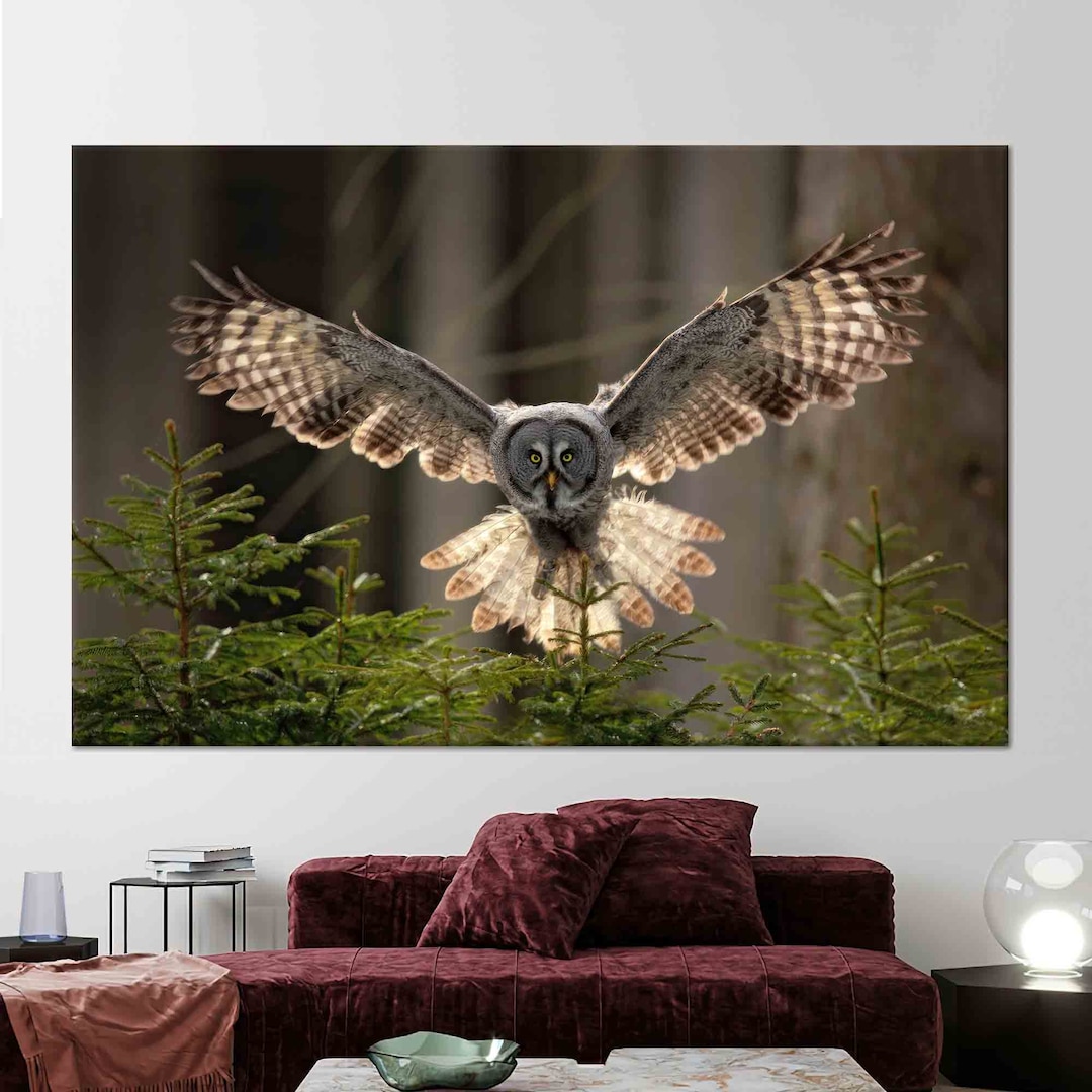 Flying Owl Wall Art, Owl Wall Decor, Animal Wall Art, Gray and Brown
