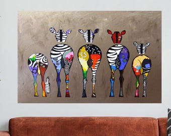 Banksy Zebra Art canvas, moderne muurkunst, kleurrijke vijf zebra's gedrukt, Banksy Glass Decor, gepersonaliseerd cadeau voor papa,