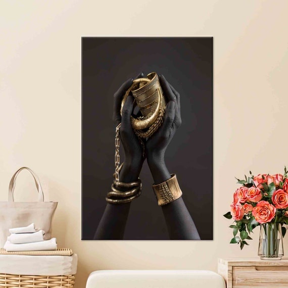 African Woman Art: Gold Bracelet 3D Tempered Glass Wall Art