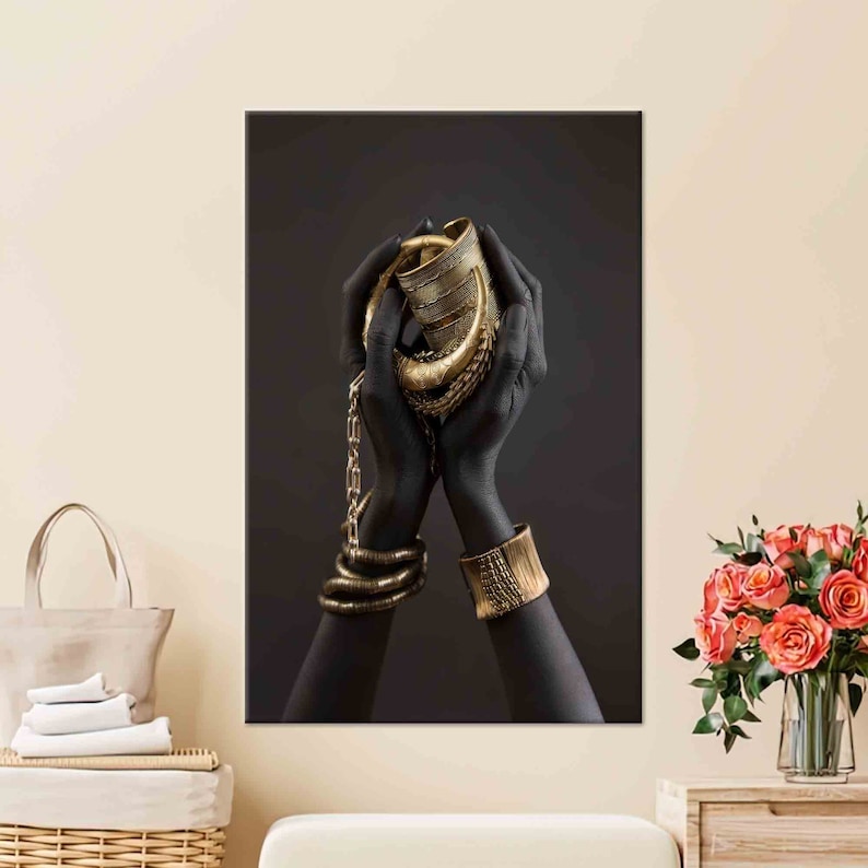 African Woman Art: Gold Bracelet 3D Tempered Glass Wall Art imagen 1