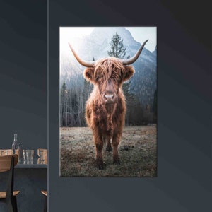 Highland Cow Art, Cow Art Decor, Animal Wall Decor, Brown Cow Canvas, 3D Glass Art, Cow Wallpaper, Framed Wall Art, Poster, Home Wall Decor,