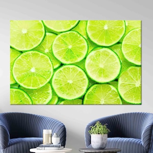 Arte da parete con limone, arte con limone a fette, arte da parete con frutta, tela verde, arte in vetro 3D, arte da parete incorniciata, carta da parati al limone, regali, decorazione della parete della cucina,