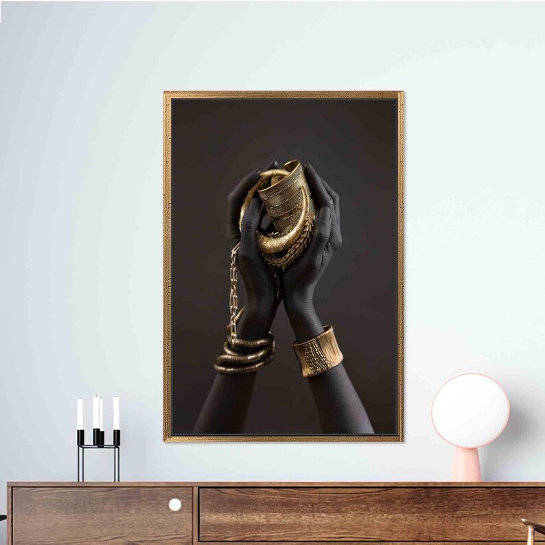 African Woman Art: Gold Bracelet 3D Tempered Glass Wall Art imagen 4