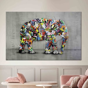 Arte dell'elefante Graffiti, Decorazione della parete di Banksy, Tela astratta, Arte dell'elefante colorato, Tela animale, Arte del vetro 3D, Carta da parati con elefante, Arte della parete,