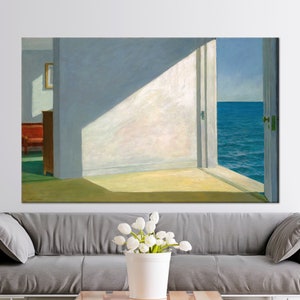 Lienzo con vista al mar desde una puerta abierta, decoración minimalista de pared costera, impresión inspirada en Edward Hopper, decoración de habitaciones, habitaciones junto al mar, vidrio.