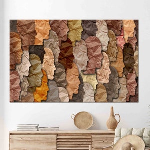 Abstracte gezichten kunst, bruine kunst, gezichten muur decor, 3D modern canvas, gehard glas, gezichten behang, ingelijste muurkunst, woonkamermuurkunst,