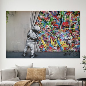 Arte dietro la tenda, Arte del ragazzo Banksy, Arte dei graffiti colorati, Tela 3D, Arte del vetro, Pannelli di carta da parati, Poster su tela, Regalo, Arte della parete di strada,