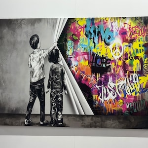 Arte della parete dietro la tenda di Banksy, arte su tela di Banksy, arte della parete dei graffiti, carta da parati di Banksy, decorazioni per la casa, arte della parete della stanza del ragazzo, carta da parati, tela