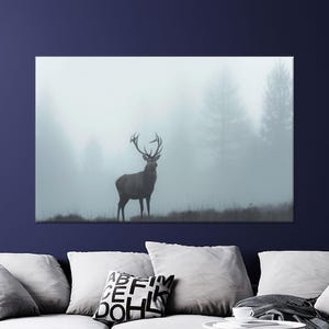 Foggy Forest Deer Canvas Wall Art - Minimal Nature Wildlife Print - Serene Misty Woodland Animal Poster for Rustic or Cabin Decor