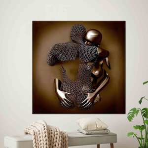 Arte di coppia d'argento 3D, arte di coppia romantica, arte di coppia che abbraccia, opere d'arte moderna, arte su tela marrone, arte del vetro 3D, arte della carta da parati, arte della parete di casa,