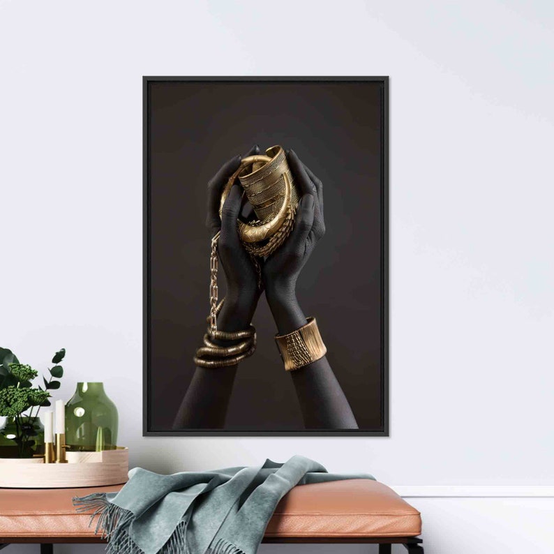 African Woman Art: Gold Bracelet 3D Tempered Glass Wall Art imagen 3