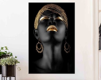 Black and Gold African Woman Canvas Art: Elegant Portrait Decor