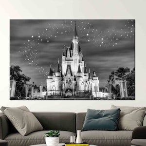 Arte del castello di Cenerentola, arte delle pareti del castello, arte Disneyland, arte del cielo stellato, tela in bianco e nero, arte del vetro, carta da parati del castello, arte delle pareti per bambini,