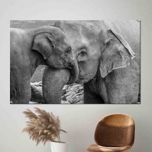 Arte della mamma e del bambino dell'elefante, Arte dell'elefante, Opere d'arte degli animali, Tela grigia, Vetro temperato, Carta da parati con elefante, Poster su tela, Arte della parete della fattoria,