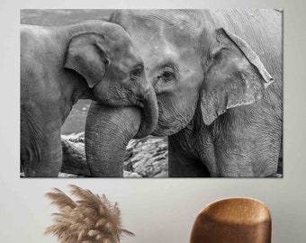 Elephant Mom and Baby Art: Gray Canvas, Tempered Glass Wall Decor