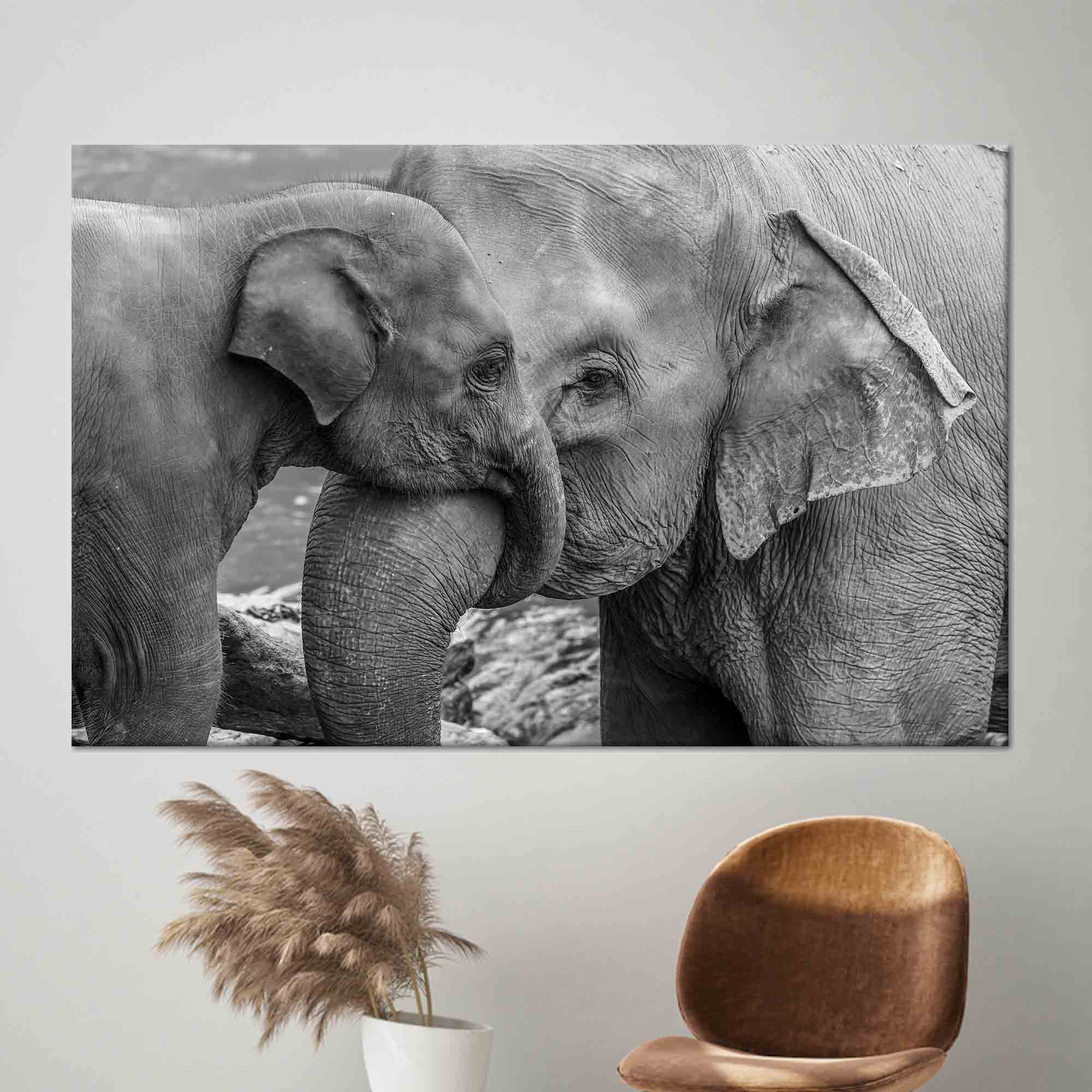 Elephant Baby and Mom Art, Elephant Art, Animal Artwork, Gray Canvas, Tempered Glass, Elephant Wallpaper, Canvas Poster, Farmhouse Wall Art,