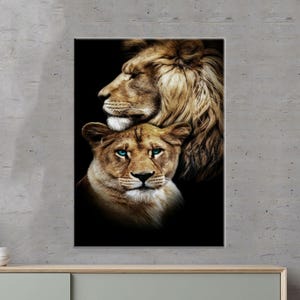 Tierglas, Löwenpaar Poster, Wandkunst Drucke, Liebe Glasdruck, zeitgenössische Kunst, Paar bemaltes Glas, Boho Decor Art,