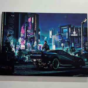 Cyberpunk City Canvas Art, Futuristic Car Wall Decor, Neon Urban Landscape Print, Cyberpunk Wall Art, Futuristic Street Art, Canvas Art,