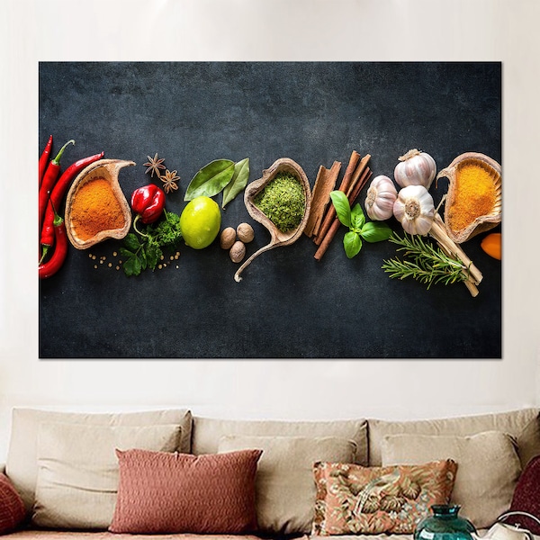 Spices Kitchen Art, Spices Wall Decor, Food Art, 3D Canvas, Tempered Glass, Framed Wall Art, Spices Wallpaper, Poster Art, Kitchen Wall Art,