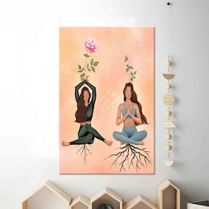Arte da parete per ragazze yoga, arte meditativa, decorazione d'arte yoga, arte da parete beige, opere d'arte moderna, tela fitness, arte del vetro 3D, carta da parati per ragazze yoga,