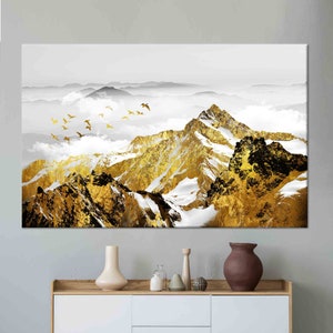 Arte delle montagne dorate, arte delle pareti di montagna, opere d'arte moderna, arte con cornice dorata, arte del vetro 3D, carta da parati di montagna, poster su tela, decorazione della parete di casa,