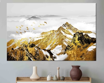 Gouden bergenkunst, kunst aan de muur berg, moderne kunstwerken, goud ingelijste kunst, 3D-glaskunst, bergbehang, canvasposter, muurdecoratie voor thuis,