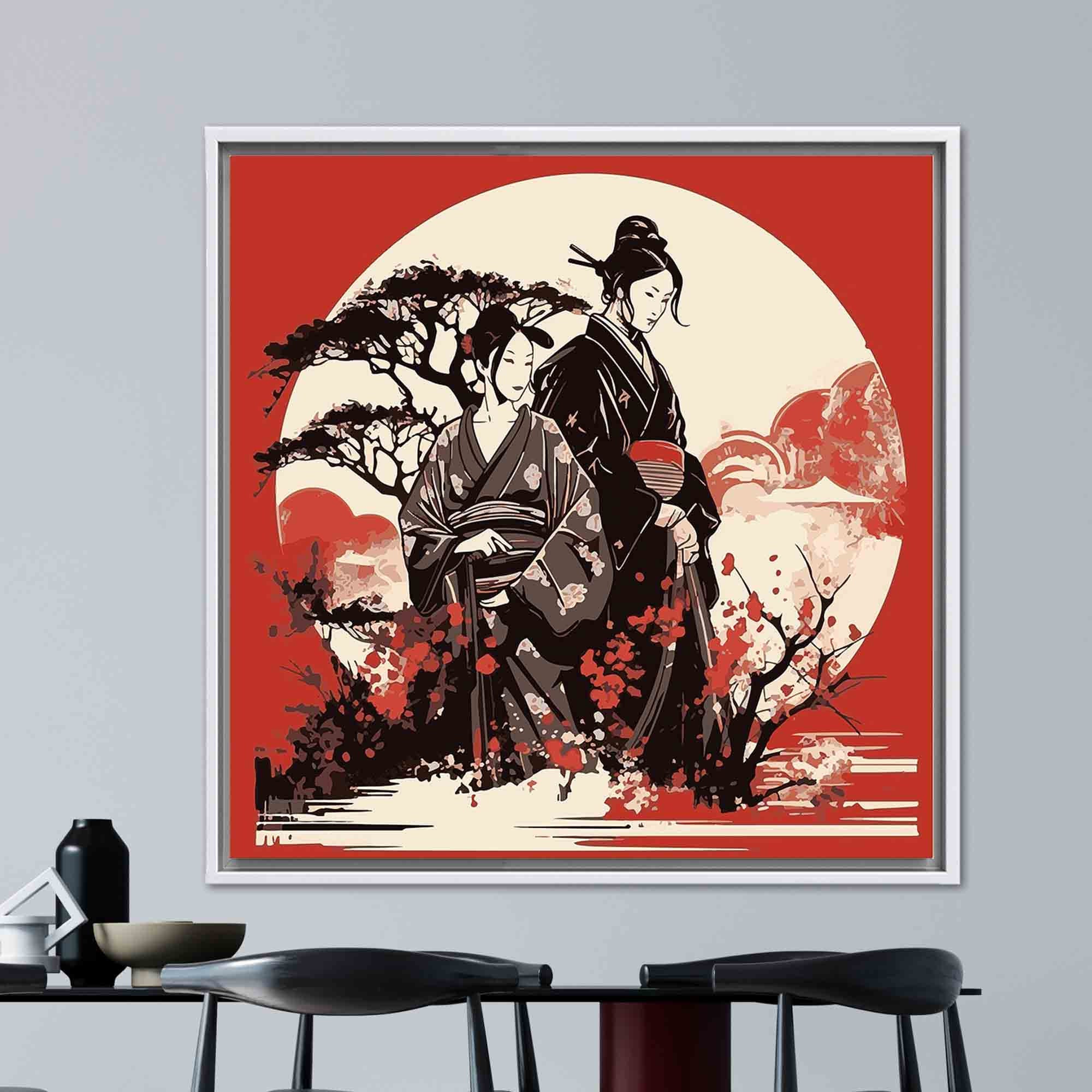 Geisha and Samurai Art, Japanese Woman Art, Japanese Art, Red Wall ...