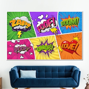 Decoración de pared colorida de cómic pop art, impresión en lienzo de Zap Boom Love Poof para habitación infantil o área de juegos, decoración de pared OMG, impresión de POP ART