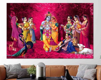 Radha Krishna Canvas Wall Art: Vibrant Hindu Mythology Painting