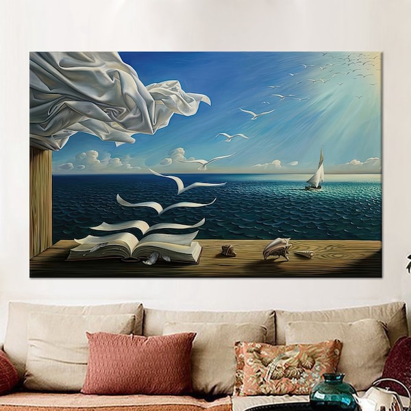 Salvador Dali Book to Birds, Salvador Dali Birds Wall Art, Canvas Wall Art, Dali Artwork, Tempered Glass Art, Surreal Wall Decor, Home Decor