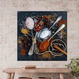 Spices In Spoon Art, Spices Wall Art, Modern Artwork, Colorful Canvas, 3D Glass Art, Spices Wallpaper, Framed Wall Art, Kitchen Wall Decor,