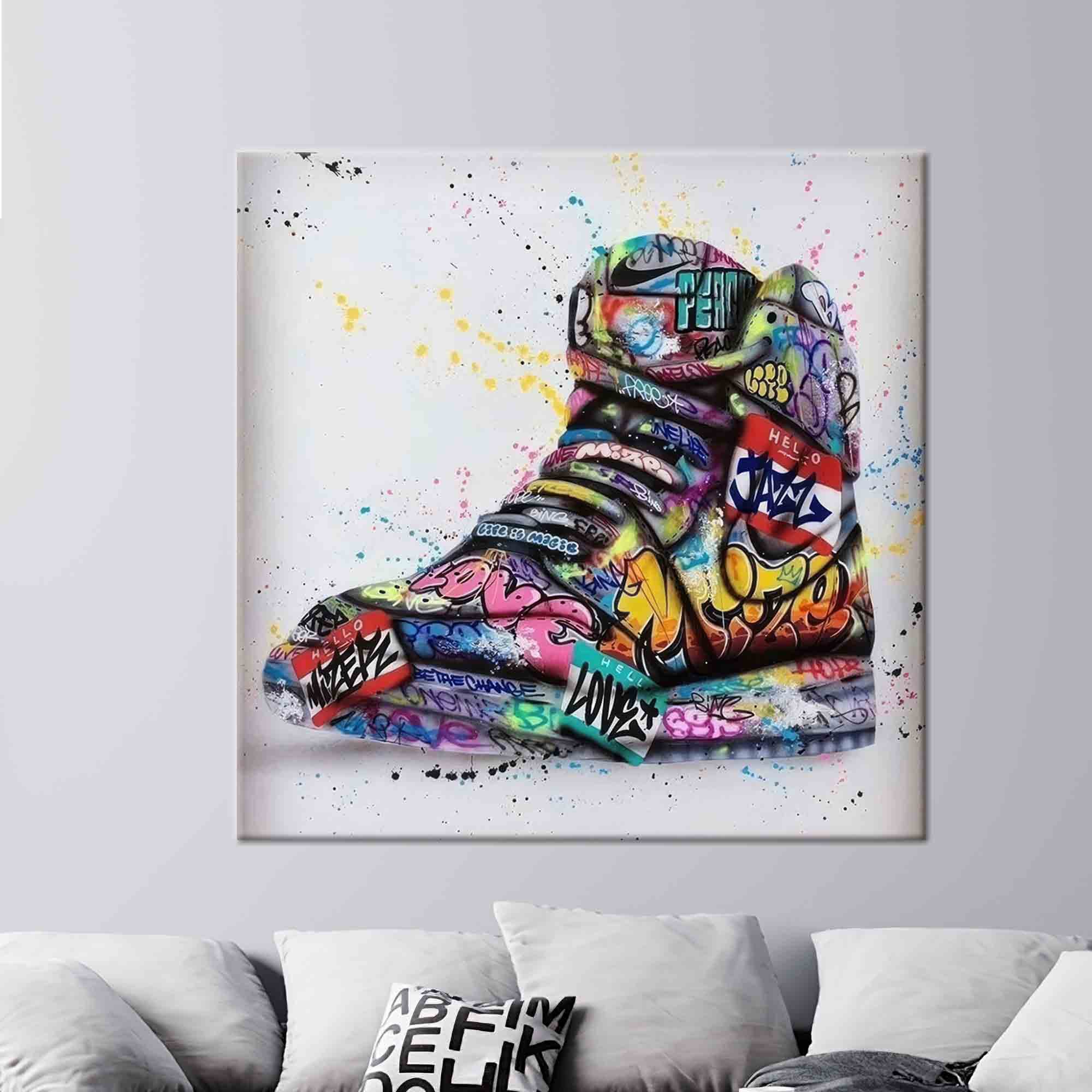 Graffiti Sneaker Wall Art – Colorful Urban Street Style Canvas or Glass Print for Modern & Youthful Spaces