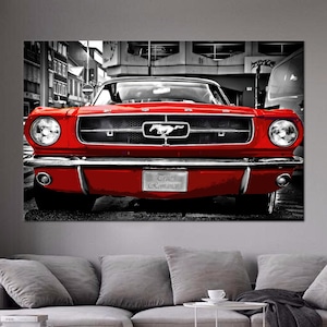Red Mustang Shelby Glass Art: Framed Car Canvas Wall Decor