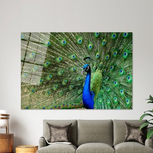 Bellissima arte da parete con pavone, tela di piume, arte da parete moderna, decorazione da parete verde, arte da parete alla moda, carta da parati con pavone, arte da parete in vetro temperato,