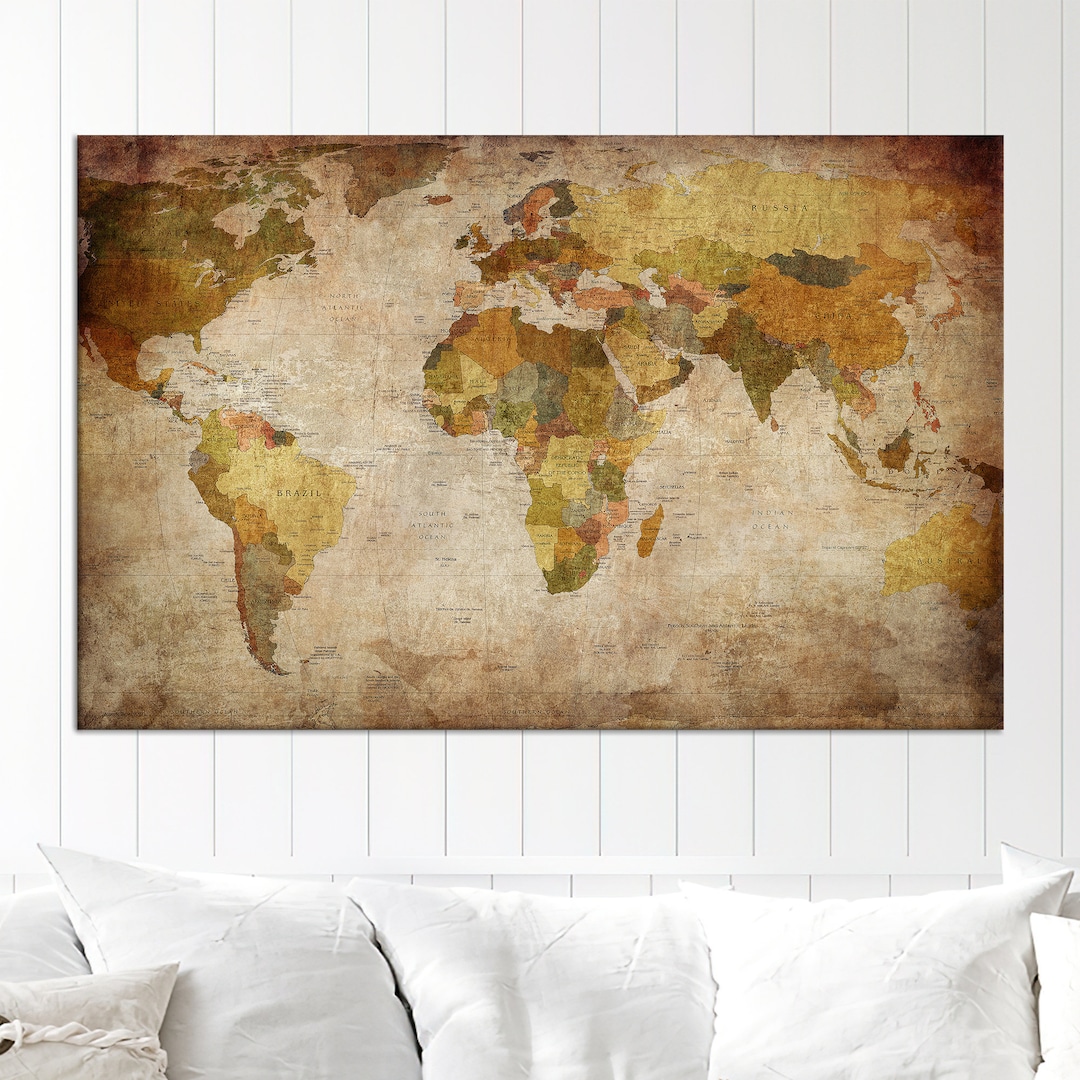 World Atlas Wall Decor, World Map Art, Map Art Glass, 3D Canvas Art