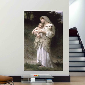 Unschuld Jungfrau Maria Baby Jesus Lamm Kunst, Mary Wanddekor, Jungfrau Kunst, Leinwand Kunst, gehärtetes Glas, Tapetenkunst, Wohnzimmer Wandkunst,