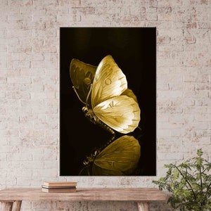 Arte della farfalla riflettente, Arte della farfalla metallica, Arte della farfalla gialla, Tela animale, Arte del vetro 3D, Carta da parati farfalla, Decorazione della parete di casa,