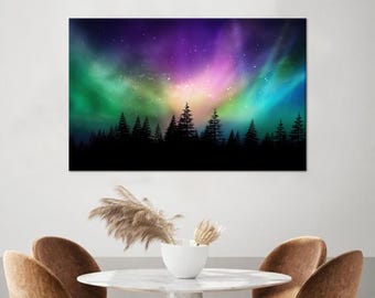 May include: A digital painting of a forest silhouette against a vibrant aurora borealis sky. The aurora is a mix of green, purple, and pink hues with a starry background.