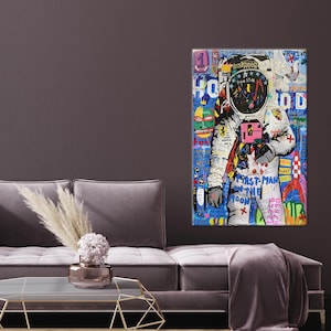 Banksy Canvas Print, Astronaut Graffiti 3D Canvas, Graffiti Art Canvas, Banksy Astronaut Glass Decor, Grandma Gift Personalized,