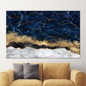 Arte in marmo blu navy e oro, arte murale in marmo, arte murale astratta, arte in vetro 3D, arte su tela, pannelli per carta da parati, poster su tela, regalo per lui,