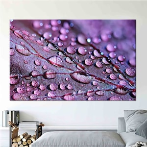 Arte con foglie viola, arte con gocce d'acqua, arte da parete viola, vetro artistico floreale, arte su tela moderna, carta da parati con foglie, arte da parete incorniciata, decorazione da parete di grandi dimensioni,
