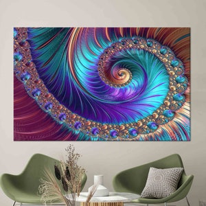 Op de afbeelding: Abstracte kunstprint met een levendig spiraalontwerp. Het kunstwerk toont een mix van kleuren, waaronder teal, paars en goud, waardoor een dynamisch en opvallend beeld ontstaat. De spiraal is het middelpunt, met ingewikkelde details en een gevoel van beweging.