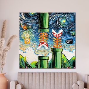 Mario World Art, Mario Wall Decor, Van Gogh Wall Art, Modern Canvas, 3D Glass Art, Mario Wallpaper, Canvas Poster, Living Room Wall Art,
