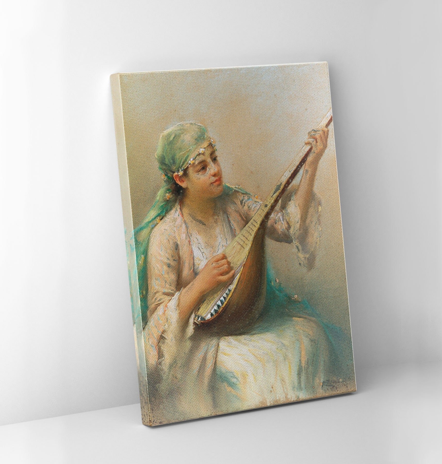 Printed Canvas, Fausto Zonaro Woman Playing a String Instrument, New Home Gift, Art Reproduction, Framed Ready to Hang, Custom Sizes Canvas