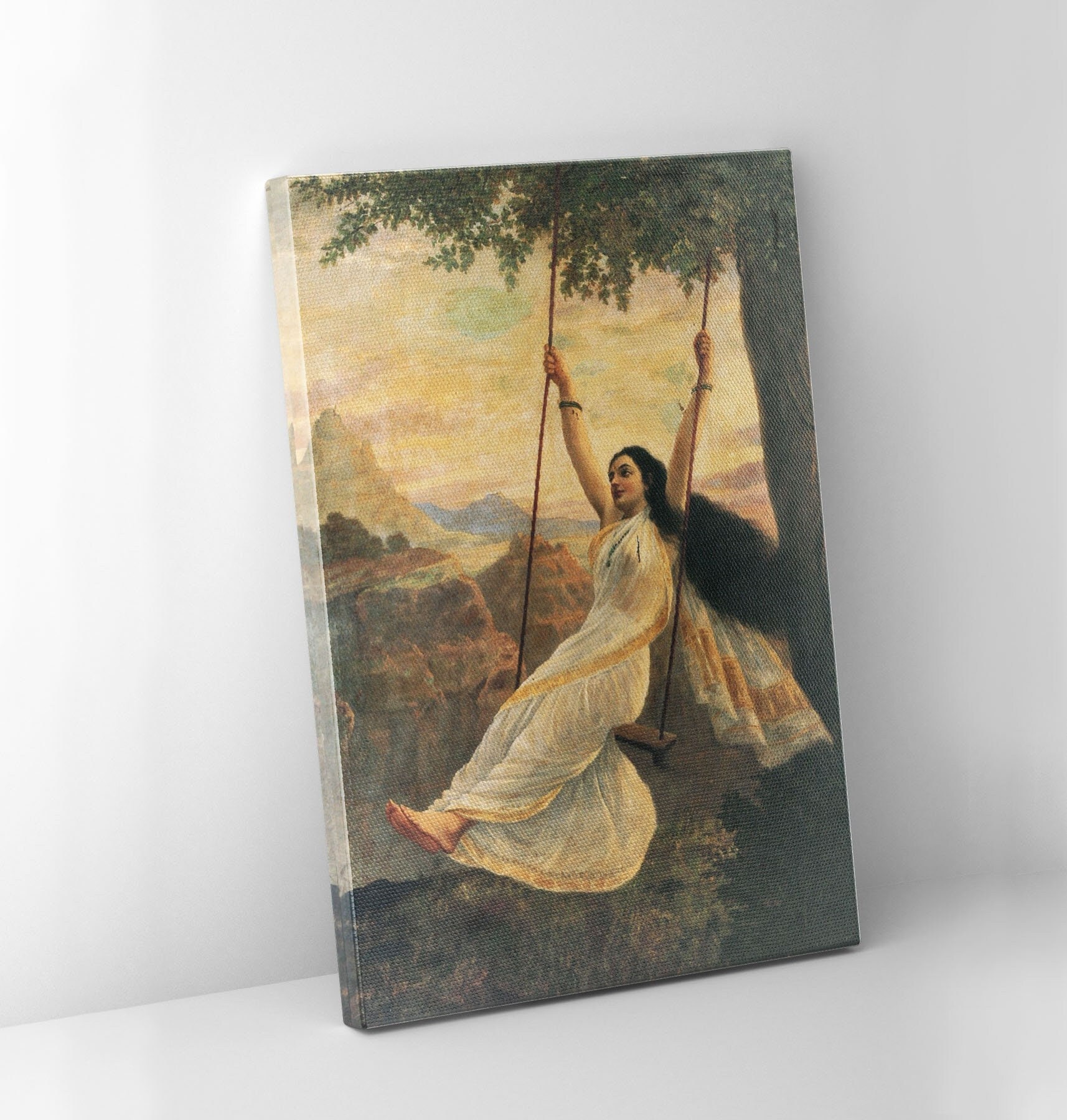 Impression sur toile Mohini sur une balançoire : reproduction d'art de Raja Ravi Varma