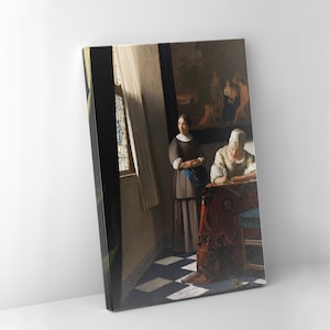 Lienzo impreso, Johannes Vermeer "Mujer escribiendo una carta con su criada", lienzo de reproducción artística, regalo para casa nueva, tamaños personalizados, listo para colgar