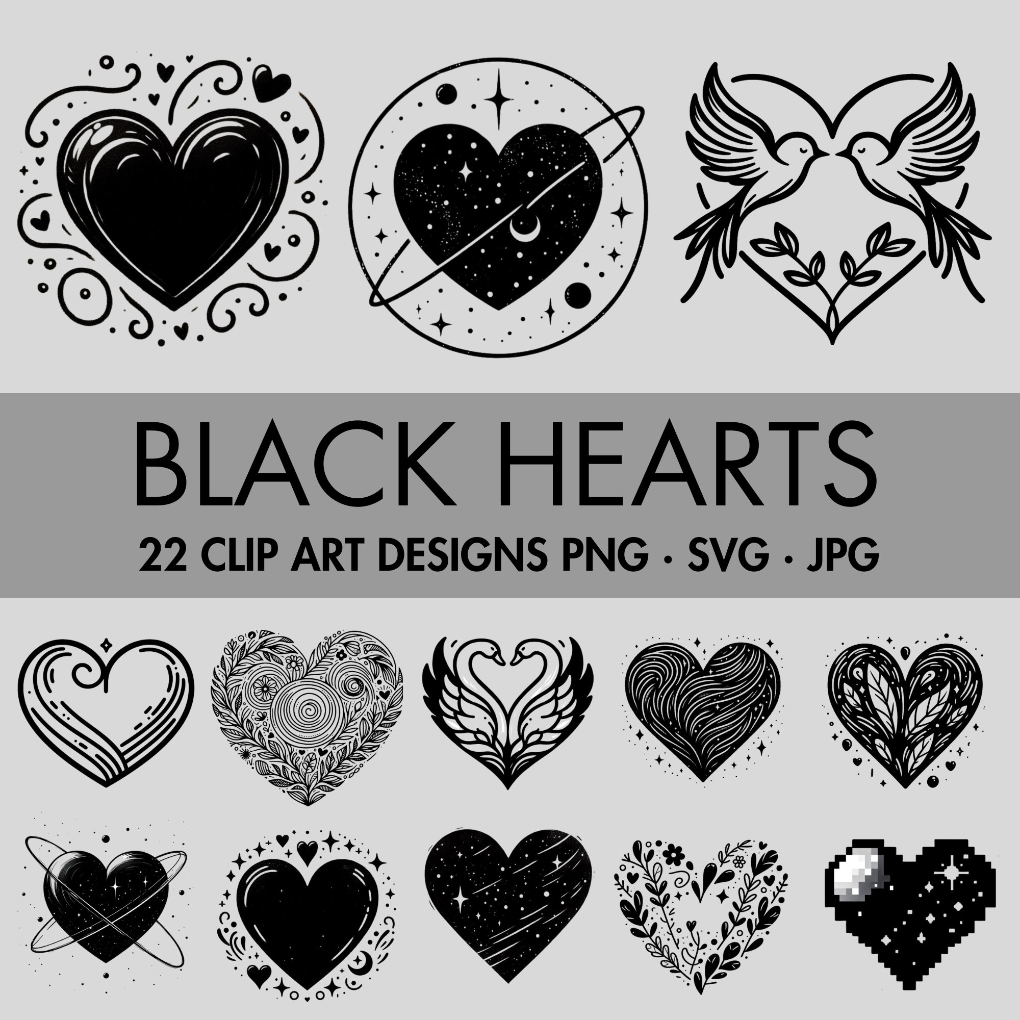 Black Heart SVG Files Bundle, Love SVG Files Set, Valentine Heart PNG ...