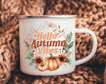 Tazza da campeggio smaltata Hello Autumn Vibes, regalo autunnale per le attività all'aperto
