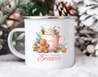 Pinke Weihnachtsschokolade Emaille Tasse, Camping Tasse, Outdoor Geschenk